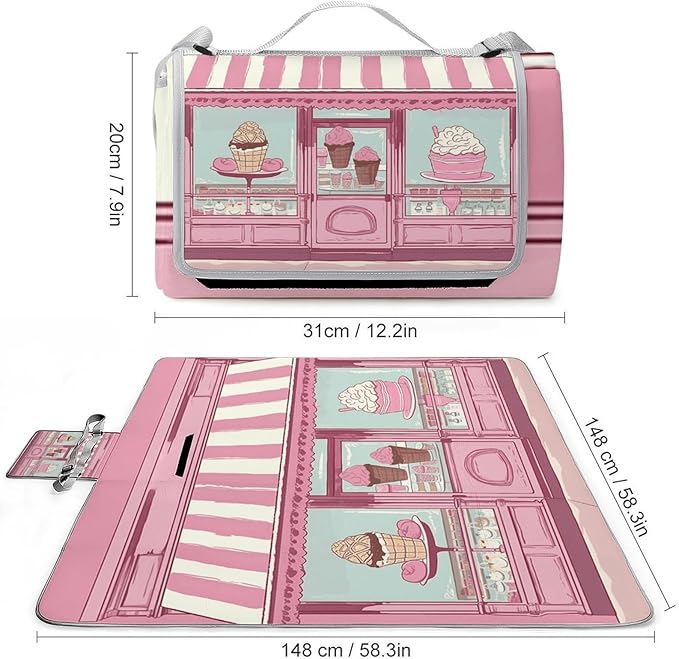 Ice Cream Store Pink Beach BlanketPortable Waterproof Picnic Blanket58.3''x 58.3'' Extra Large Picnic Mat for BeachCamping Grass Lawn Park Accessorie for Festival BBQ