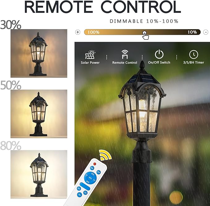 Emliviar 2 Pack Waterproof Solar Post Lamps in Black Finish for Pathway 17.3'' Dusk to Dawn Garden Patio Post Lights Includ LED Bulbs with Water Grain Glass Shade YXE302P-2PK SL BK