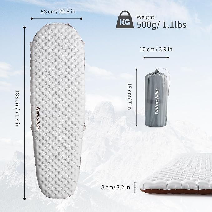 Naturehike Ultralight Insulated Sleeping Pad with R5.8 3.2in Thickened Patchworkable Inflatable Double Sleeping Mat for Camping Hiking Climbing with Inflatable Bag