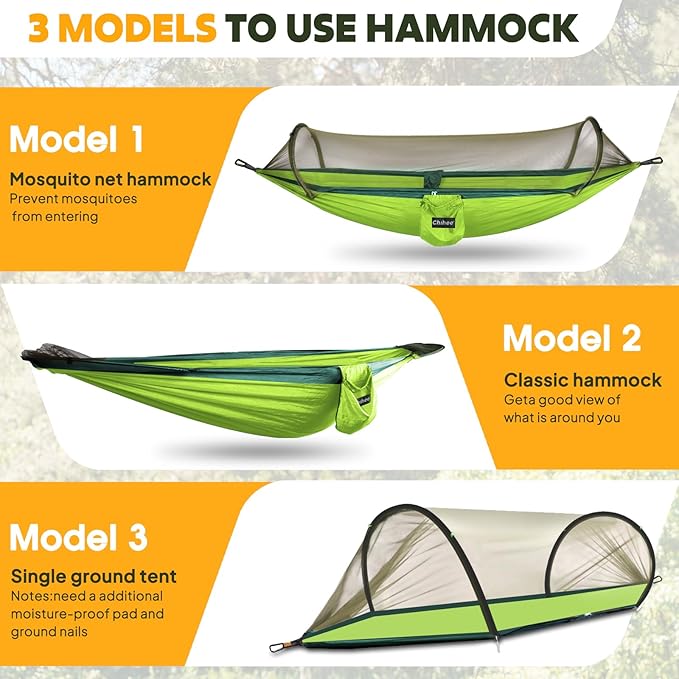 Chihee Ultra-Light Travel Camping Hammock Pop-up Net Hammock 660lbs Load CapacityBreathableQuick-Drying Parachute Nylon 2 Premium Carabiners2 Tree Slings Included for Outdoor Backpacking Hiking