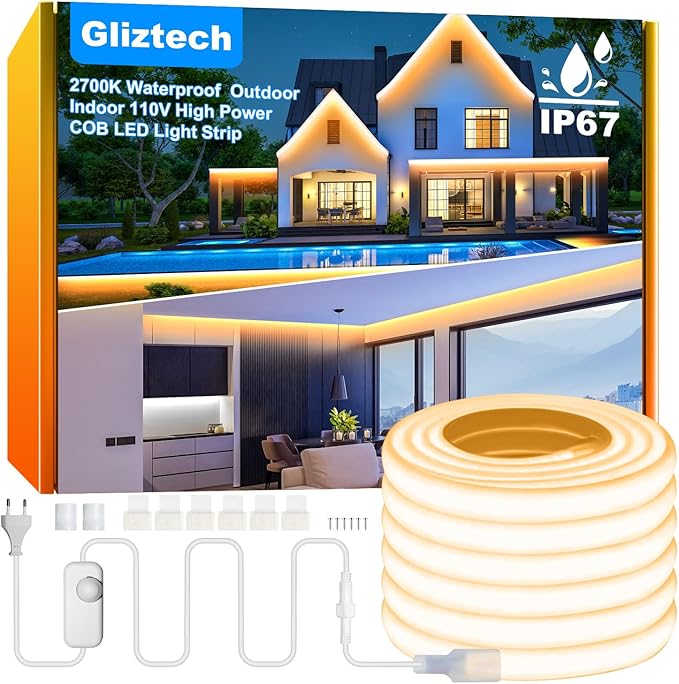 IP67 Waterproof COB LED Strip Lights AC 110V-120V Direct Plug 66FT Super Bright Outdoor Strip Lights with Double Fuse Controller 2700K Warm White LED Strips for Garden Patio Commercial Decor