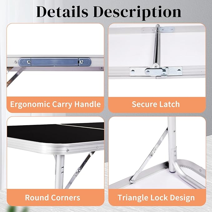 4.0 Ft Folding Portable Camping Table with Three Adjustable Heights RV Tables for Inside a Camper Outdoor BBQ Dining Picnic Cooking Beach Garden Black