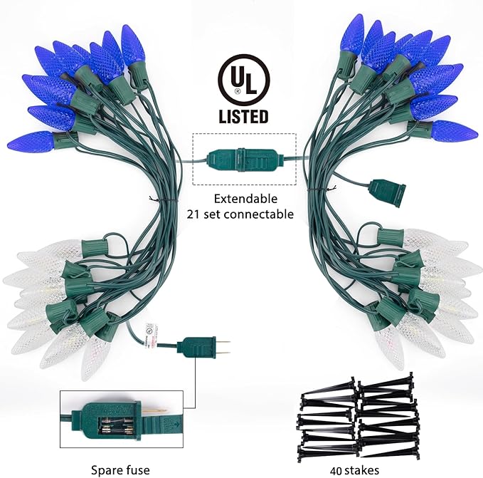 Christmas Pathway Lights Outdoor 2 Pack 26 Ft 20 LED C9 Strawberry String Lights with Stakes Connectable Waterproof Outside Christmas Lights Marker for Path Lane Patio Decor Blue &amp Pure White