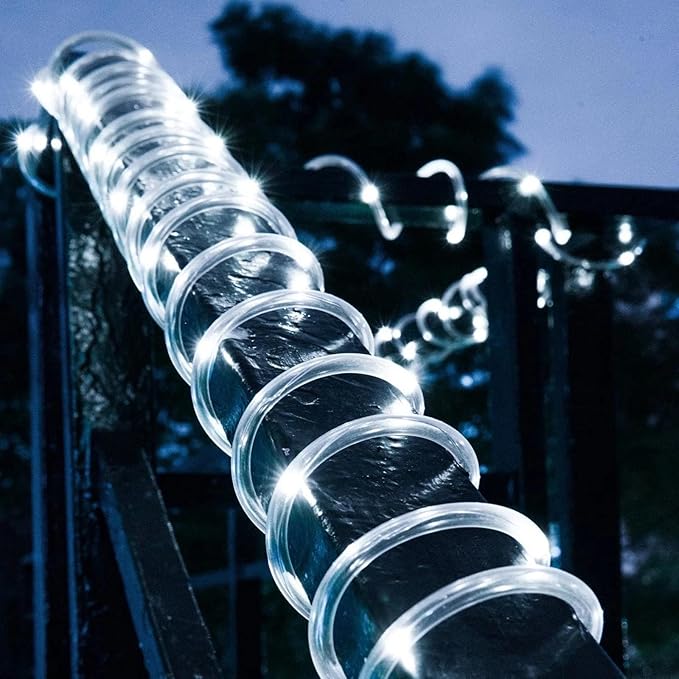 ANJAYLIA Solar Outdoor Rope Lights 66FT 200 LED Solar Powered Rope Lights Outdoor 8 Modes Timer Remote String Light Rope Solar Lights Outdoor Waterproof for Garden Decor White