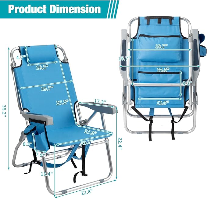 Tall Folding Backpack Beach Chair with Towel Bar5 Adjustable PositionsTowel bar Cooler and Storage Pouch Cup Holder and Phone HolderCamping Chairs for AdultsAluminumSupports 220 lbs Blue