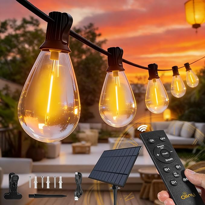 Ollny S11 50FT Solar String Lights Outdoor with Remote Waterproof Dimmable Patio Lights with Timer &amp 3 Lighting Modes 16 Shatterproof Edison Bulbs String Lights for Outside Backyard Party Décor