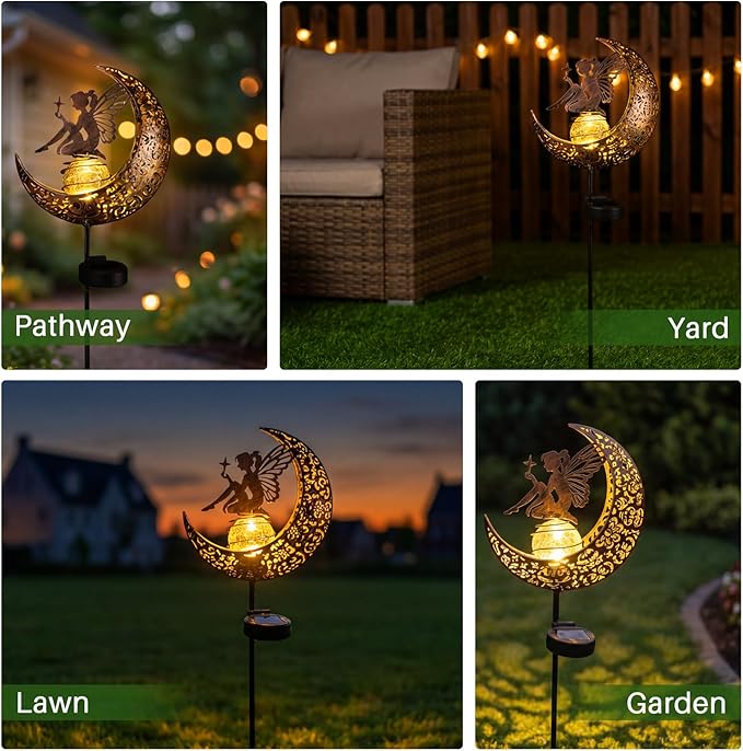 MEBRUDY Fairy Solar Garden Outdoor Decor Moon Figurine Light Stake Housewarming Ornament for Patio Lawn Yard Pathway Unique Gift Ideas for Gardening Mom Grandma Women