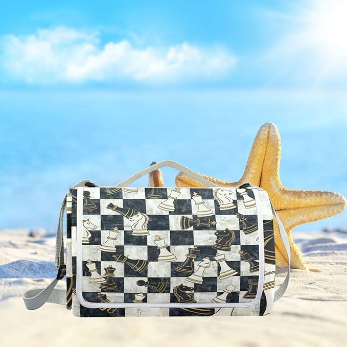 MNSRUU Picnic Blanket Waterproof Foldable Chess Black White Grid Large Outdoor Picnic Beach Camping Blanket Travel Mat Shoulder Strap Tote Rectangle 57x59in