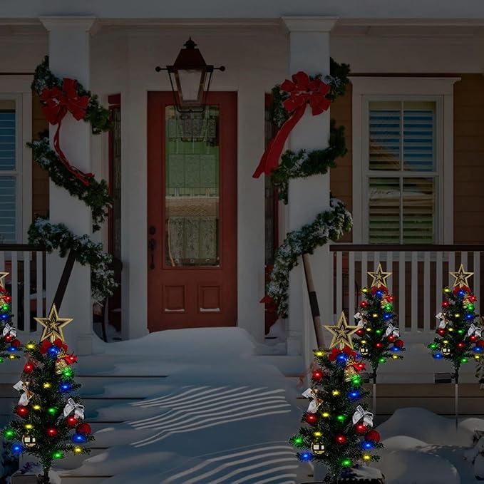 4 Pack Solar Christmas Decorations Tree Lights Upgraded Outdoor Solar Stake Decorative Lights Xmas Tree W/20 LED-RGB Lights IP65 Waterproof Dual Lighting Modesfor Garden Pathway Lawn Patio