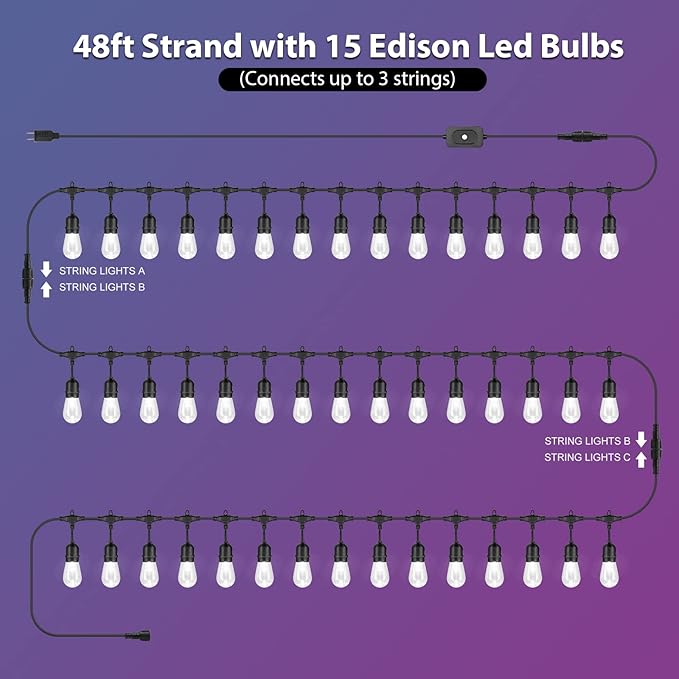 Mlambert 48FT Outdoor Patio Lights Waterproof Dimmable with Remote RGB Cafe LED String Light with 15 Shatterproof Bulbs for Bistro Party-Black 1 Pack