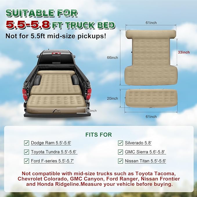 Detachable Tailgate Extendable 5.5-5.8ft Truck Bed Air Mattress - Heavy-Duty Inflatable Truck Bed Mattress with Car Pump Extra Large Carry Bag Leak-Resistant for Outdoor Camping &amp Pickup Trucks
