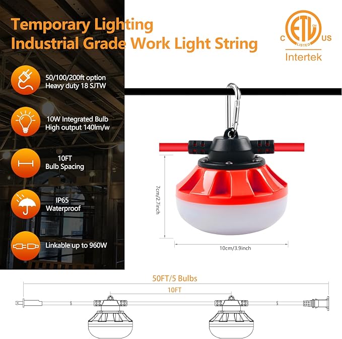 LED Construction Light Christmas String Lights200FT 20000LM Industrial LED Work Lights Super Bright Temporary Lighting for Job  WorkOutdoor Indoor for Holiday Decoration &amp Practical Lightin