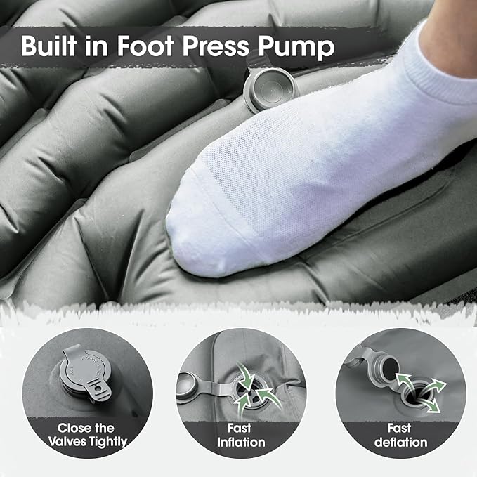 Double Sleeping Pad Self-Inflating 4 Thick for 2 Person Camping - Built-in Foot Pump Ergonomic Pillow &amp Ultra-Portable Design for Backpacking Hiking Tent Use