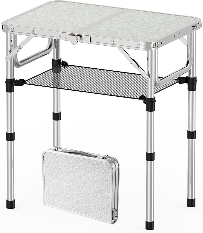 Folding Camping Table Aluminum 24 x 16 Adjustable Height Max 27.5 with Carrying Handle Lightweight Portable Camping Table for Outdoor Indoor Picnic Beach Silver