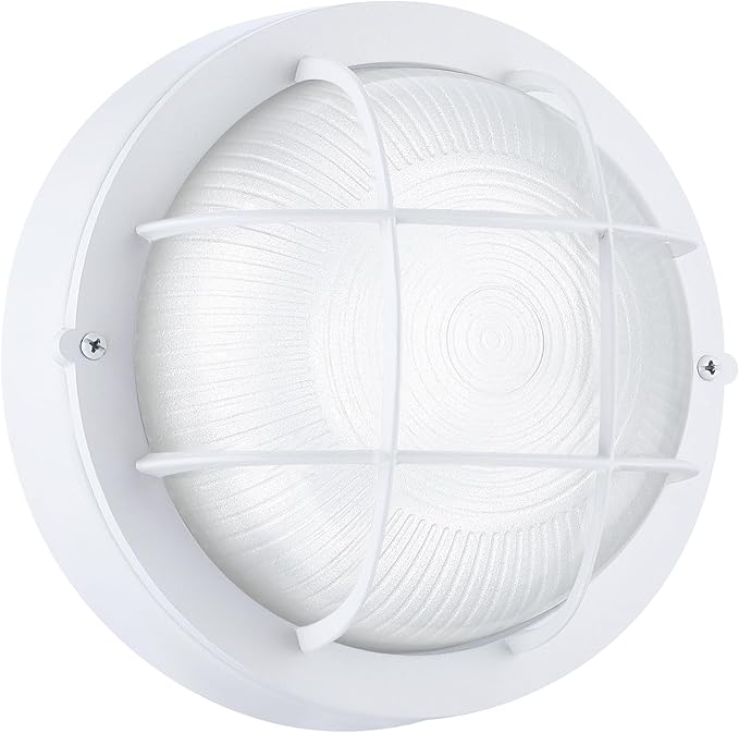 Round Bulkhead Light Fixture Dimmable Outdoor Wall Lantern LED Nautical and Sauna Light 15W 1600 Lumens 5000K White Aluminum with Frosted Glass 1-Pack