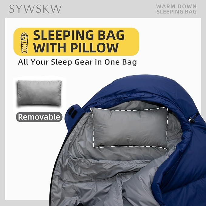 Down Sleeping Bag with Pillow for Backpacking15℉ 5℉ 0℉ Wide Down Sleeping Bag (86.6 in x 33.5 in) for AdultsYouth Camping and Hiking Outdoor with 680FP Duck Down
