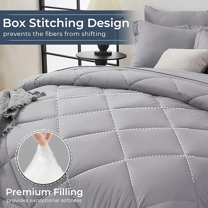 HEVUMYI Light Grey King Comforter Set - 7-Piece All Season Bed in a Bag King Ultra Soft Bedding Set with Comforter Flat Sheet Fitted Sheet Pillowcases Pillow Shams Light Gray