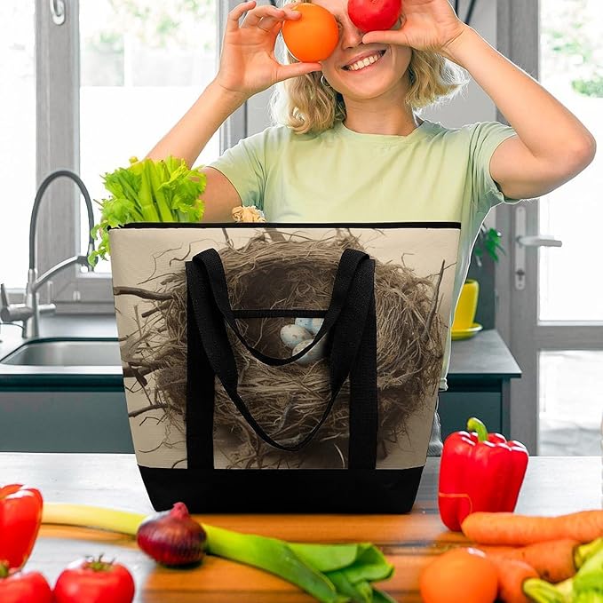 Insulated Shopping BagLarge Reusable Cooler Bags Birds Nest Printed Foldable Shopping BagTravel Waterproof Shoulder Bag