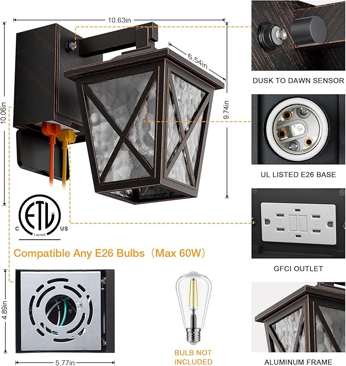 Ehaho Porch Lights with Outlet Dusk to Dawn Outdoor Light with Outlet Built-in Waterproof Anti-Rust Lantern Outside Light with GFCI Outlet Wall Sconce Light with Plug for Front Door (Bronze 1 PC)
