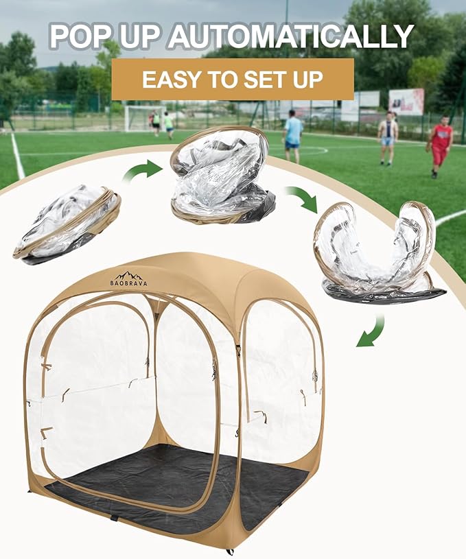 Pop Up Sports Tent - Thick PVC Scratch-Resistant Bubble Clear Tent Instant Weather Proof Pod with Extra Top Cover for Soccer Football Games Outdoor Events 1-6 Person