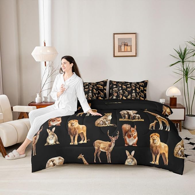 jejeloiu Zoo Animal 7 Piece Bedding Set for Girls Boys Kids Twin Size Cute Giraffe Bed in a Bag Room Decor Cartoon Animal Comforter Set with SheetsPillowcases &amp Cushion Cover Black Brown Microfib