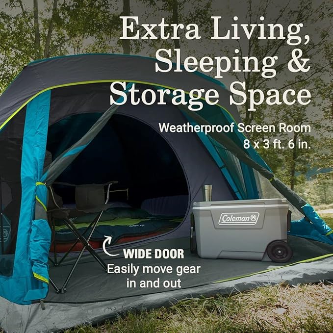 Coleman Skydome Dark Room Camping Tent with Screen Porch &amp 5-Minute Setup Weatherproof 4/6 Person Tent Blocks 90% of Sunlight Rainfly &amp Carry Bag Included Made of PFAS-Free Materials