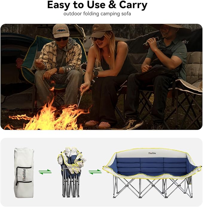 Double Camping Chair – 2-3 Person Outdoor Folding Sofa with Cup &amp Wine Glass Holders – Oversized Loveseat Camping Couch for Campfire RV Backyard – Supports Up to 1050 lbs