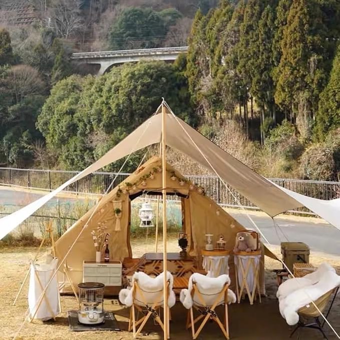 Large Luxury Inflatable Camping Tent Cotton Canvas Tent Breathable and Waterproof Air Tent with Skylight and Stove Jack Hole for for 4-6-8-10 Person Family Camping