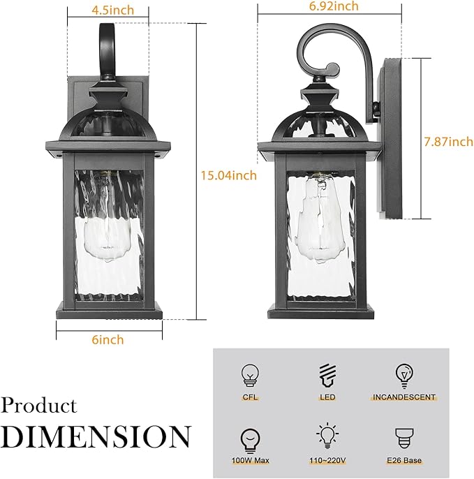 Darkaway Outdoor Lights Fixture Wall Mount Exterior Wall Light with Water Ripple Glass Waterproof Black Outside Wall Sconce for House Porch Hallway Garage