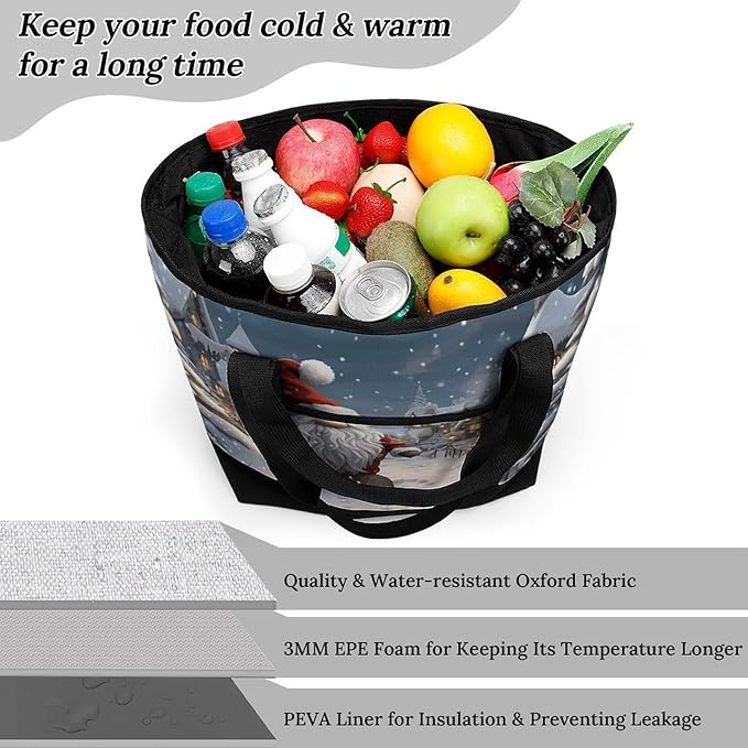 Insulated Shopping BagLarge Reusable Cooler Bags Christmas Snow Printed Foldable Shopping BagTravel Waterproof Shoulder Bag
