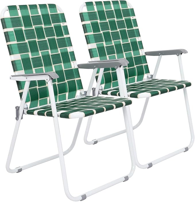 Bonnlo Foldable Patio Chair Set of 2 Heavy-Duty Steel Frame Supports 265 lbs/120 kg Ultra-Lightweight Portable for Travel Poolside Camping Beach (Green Crisscross Weave)