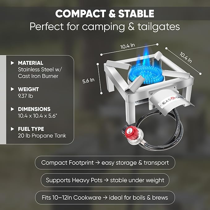 GasOne Stainless Steel Single Propane Burner - Outdoor Cooking with Heat Shield and Guard – Propane Burner Head for Camping Tailgating Seafood Boil Home Brewing - Patent Pending