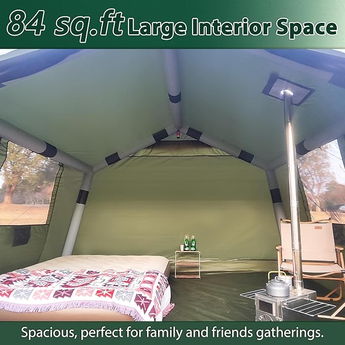 Inflatable Camping Tent with Hand Pump Waterproof Outdoor Blow up Tent 2-8 Person Oxford 4 Season Glamping Air Tent Cabin House with Mesh Windows &amp Door