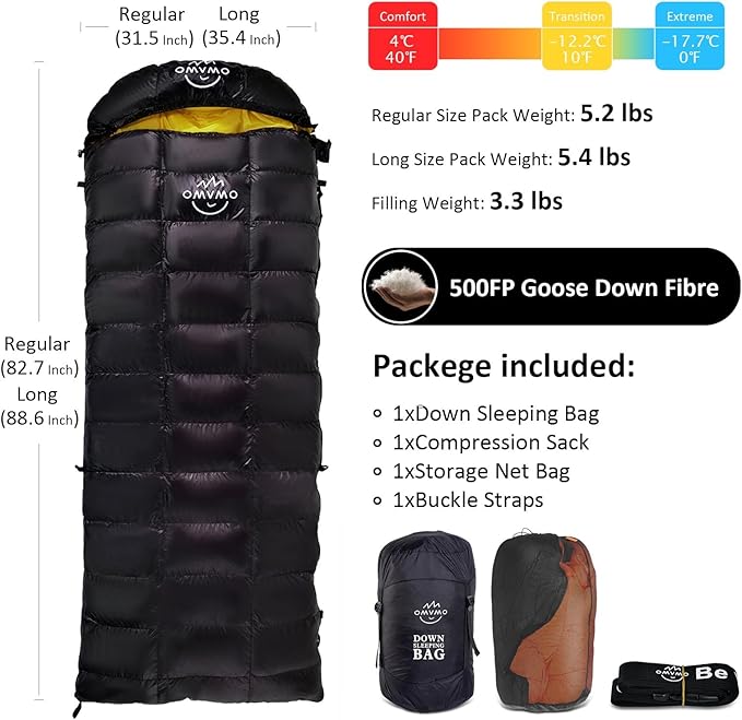 0 20 Degrees F Down Sleeping Bag for Adults4 Season Cold Weather Rectangle Wearable Down Sleeping Bag for Camping HikingCan be Used as Blanket Quilt or Cloakwith Mesh Sack Buckle Strap