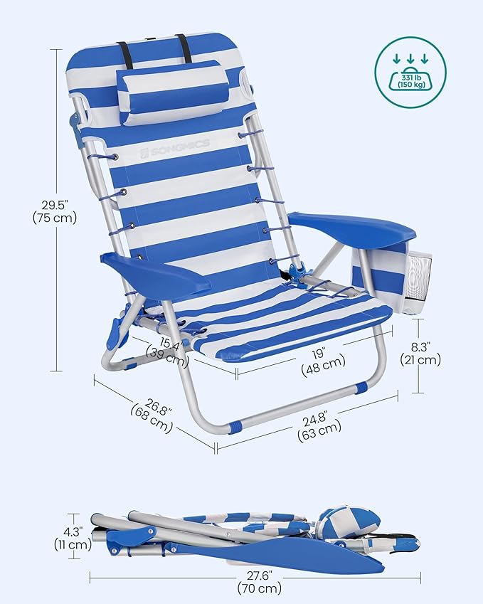 SONGMICS Portable Backpack Beach Chair 331 lb Capacity 4 Angles Adjustable Backrest 2 Side Pockets Towel Bar Blue and White UGCB62BU
