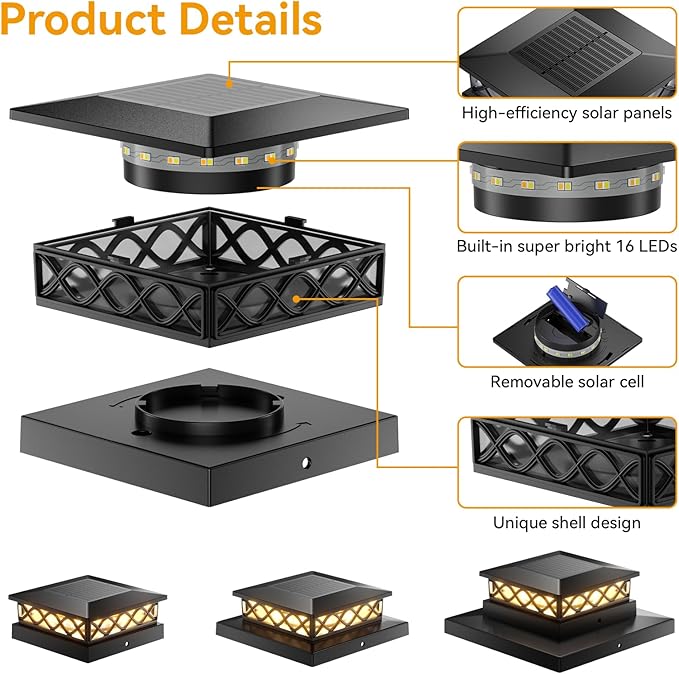 8 Packs Solar Post Cap Lights for Fence and Deck – Auto On/Off Outdoor Lighting 2 Color Modes with 16 LEDs Fits 4x4 5x5 6x6 Posts (Black)