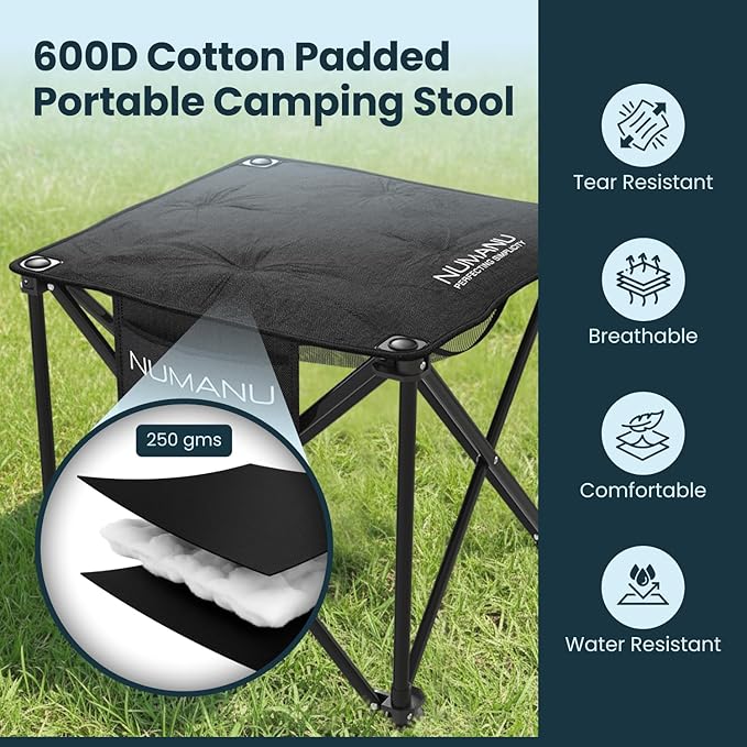 NUMANU Oversized Padded Camping Stool for Adults Thick Padded 18.5 Heavy Duty Outdoor Camp Chairs with Anti-Slip Feet &amp Carry Bag Folding Ottoman Foot Rest for Travel Max 500lbs
