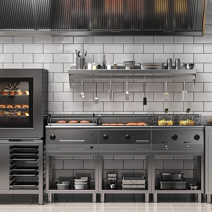 Stainless Steel Shelf Wall Mounted NSF Commercial Wall Shelf Floating Shelving for Kitchen Restaurant Home Hotel 60 x 12 Inches Flat Surface with 7 Hooks