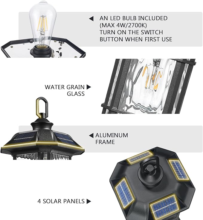 Emliviar Integral Solar Lamp Post with Fixed Pire Mount Base Matte Black LED Fence Deck Pilllar Lighting for Patio Portable Outside Solar Panels Lamp with Water Grain Glass 2084P-ML SL BK