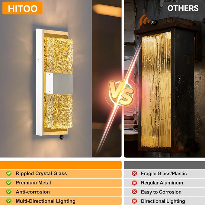 Dusk to Dawn Outdoor LightingExterior Lighting Fixtures IP65 Waterproof Porch Lights Outdoor 12W LED Crystal Modern Outside Wall Sconce for Porch Hallway Doorway Patio14.2'' White&ampGold