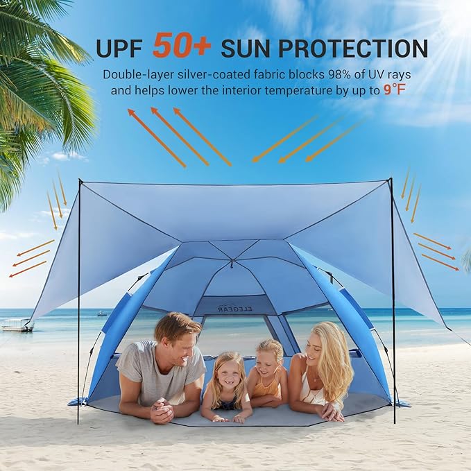 Elegear CumbreX™ Beach Tent with 360° Removable Canopy 4-6 Person Pop Up Sun Shade Shelter UPF 50+ Automated Installation Double Silver Coating Portable Lightweight Beach Cabana for Beach/Outdoor