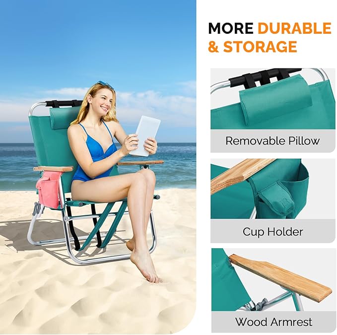 VINGLI Aluminum 13 Backpack Beach Chair – Tall Beach Chairs for Adults Portable with Adjustable Straps 3-Position Reclining Cup Holder High Lightweight Beach Chairs for Beach
