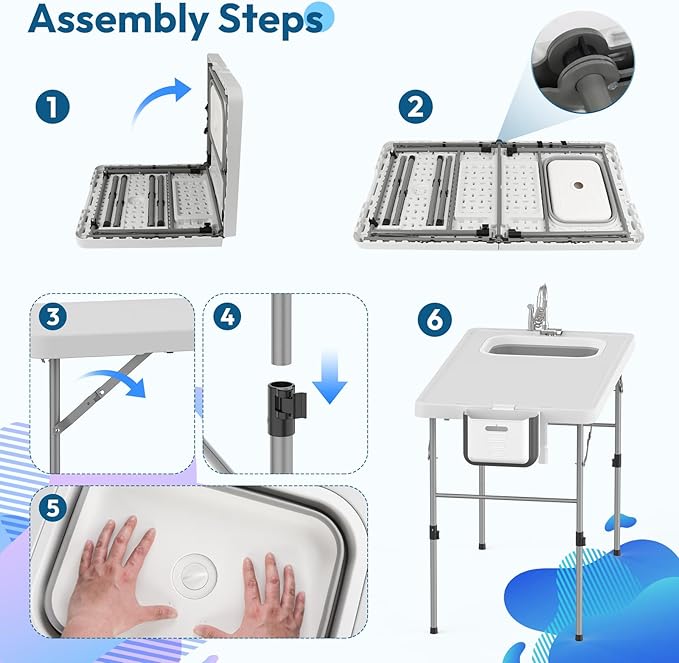 HLPB Fold in Half Folding Fish Cleaning Table with Sink Foldable Protable Camping Sink Table with Drainage Hose &amp Fish Cleaning Kit Fish Fillet Cutting Desk for Picnic Patio Backyard BBQ White