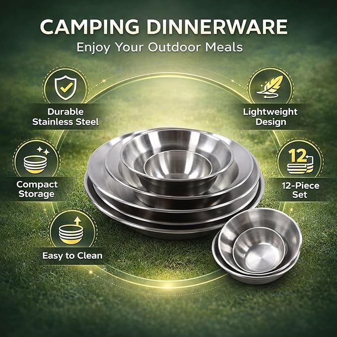 12pcs Camping Dinnerware Set Stainless Steel Plates Bowls Cutlery with Storage Bag - Durable &amp Reusable Outdoor Mess Kit for Hiking Picnic &amp Family Camping