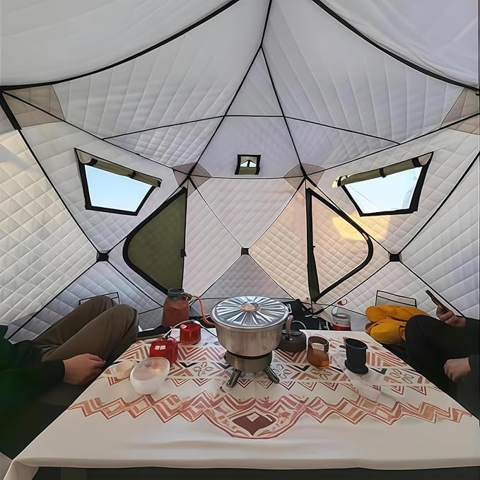 Instant Pop-Up Ice Fishing Tent Insulated 420D Hexagon Shelter for 5-6 People Portable Ice Shanty with Stove Jack &amp Dark Green Camo Ideal for Ice Fishing &amp Winter Camping