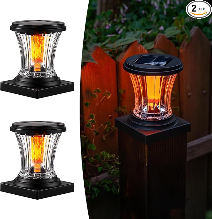 Glass Solar Flame Post Cap Lights Outdoor Waterproof Flickering Flame Solar Powered Fence Post Lights with Modular Design Auto On/Off for Deck Patio Garden 4x4 Vinyl/Wood Posts (2 Pack)