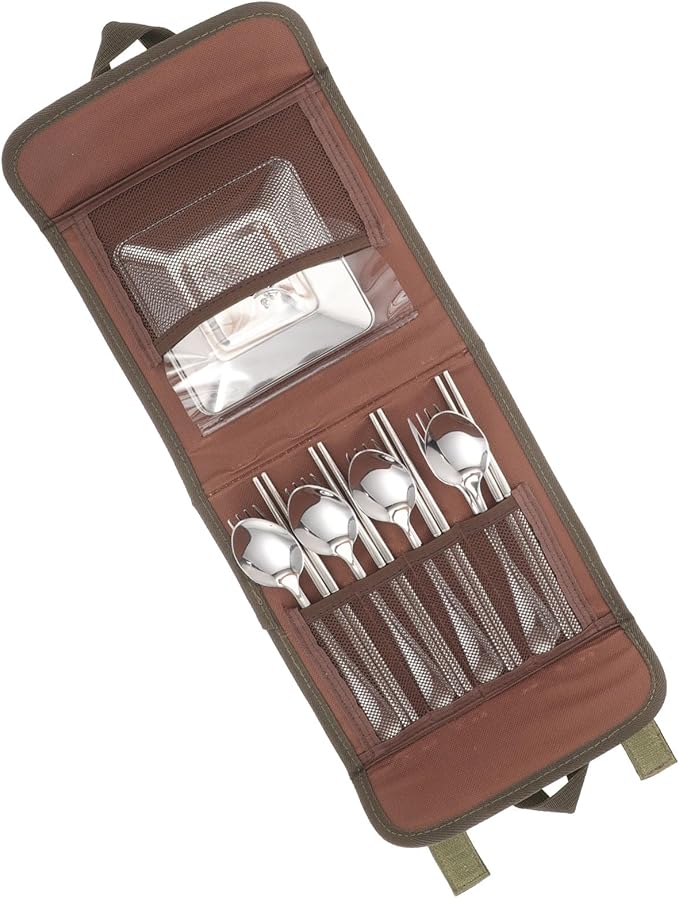 Luxshiny Camping Cutlery Set Stainless Steel Outdoor Tableware with Spoon Chopsticks Fork Portable 4-person Picnic and Barbecue Flatware Kit with Carry Bag for Hiking and Camping Random