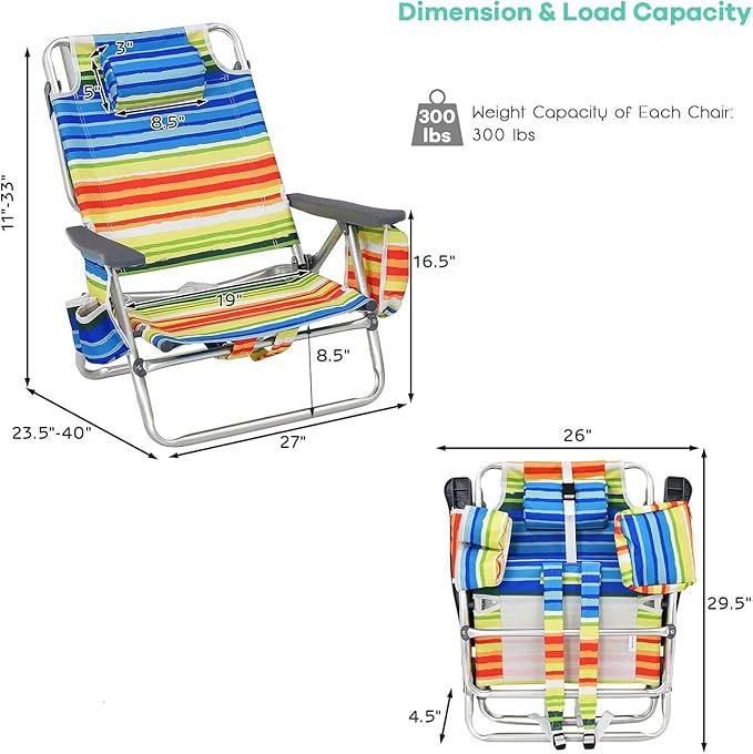 Goplus Beach Chair Folding Backpack Beach Chairs for Adults with 5 Positions Head Pillow Cooler Bag Towel Bar Cup Holders Sunbath Sling Tanning Lounge Foldable Layout Camping Chairs