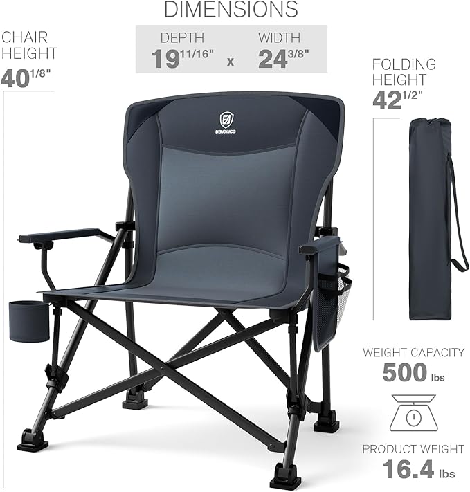 EVER ADVANCED Oversized Folding Camping Chair for Adults Heavy Duty Lawn Chair with Side Pockets Portable Collapsible Quad Chair for Outside Support Up to 500lbs Grey 2PACK