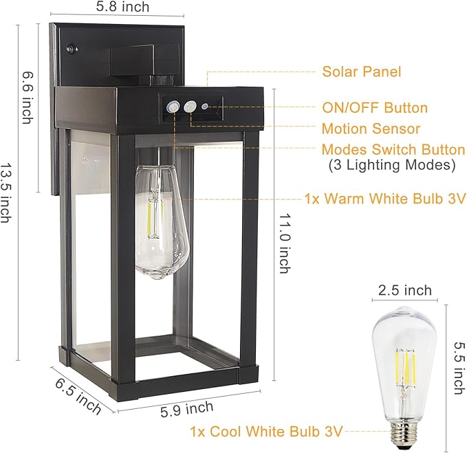 2 Pack Solar Wall Lights Outdoor Waterproof with 3 Lighting Modes &amp Motion Sensor Dusk to Dawn Exterior Porch Light fixtures Solar Wall Lantern Fixture for Garage Porch Yard Front Door